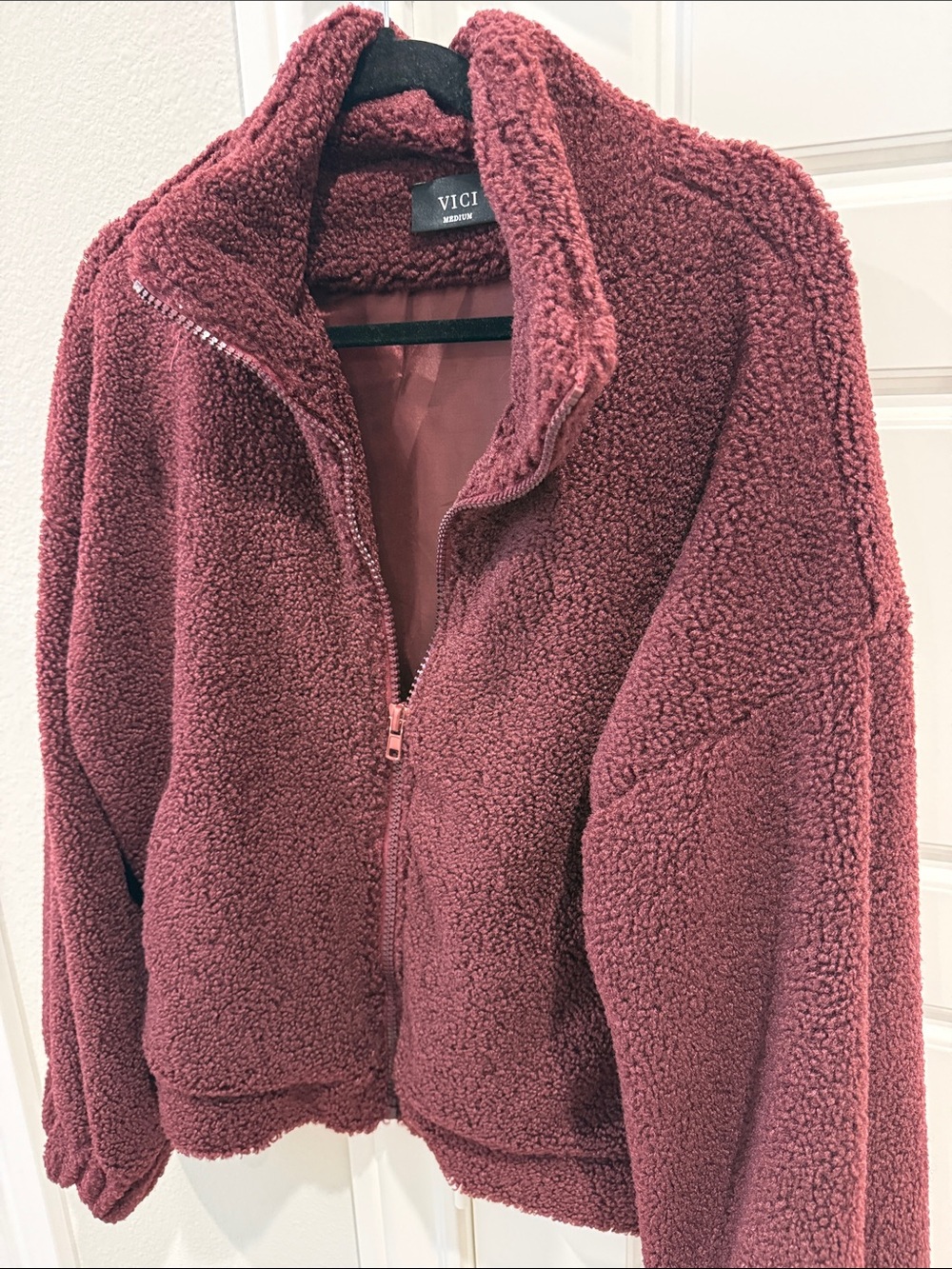 Vici Plush Sherpa Zip-Up Jacket in Deep Wine